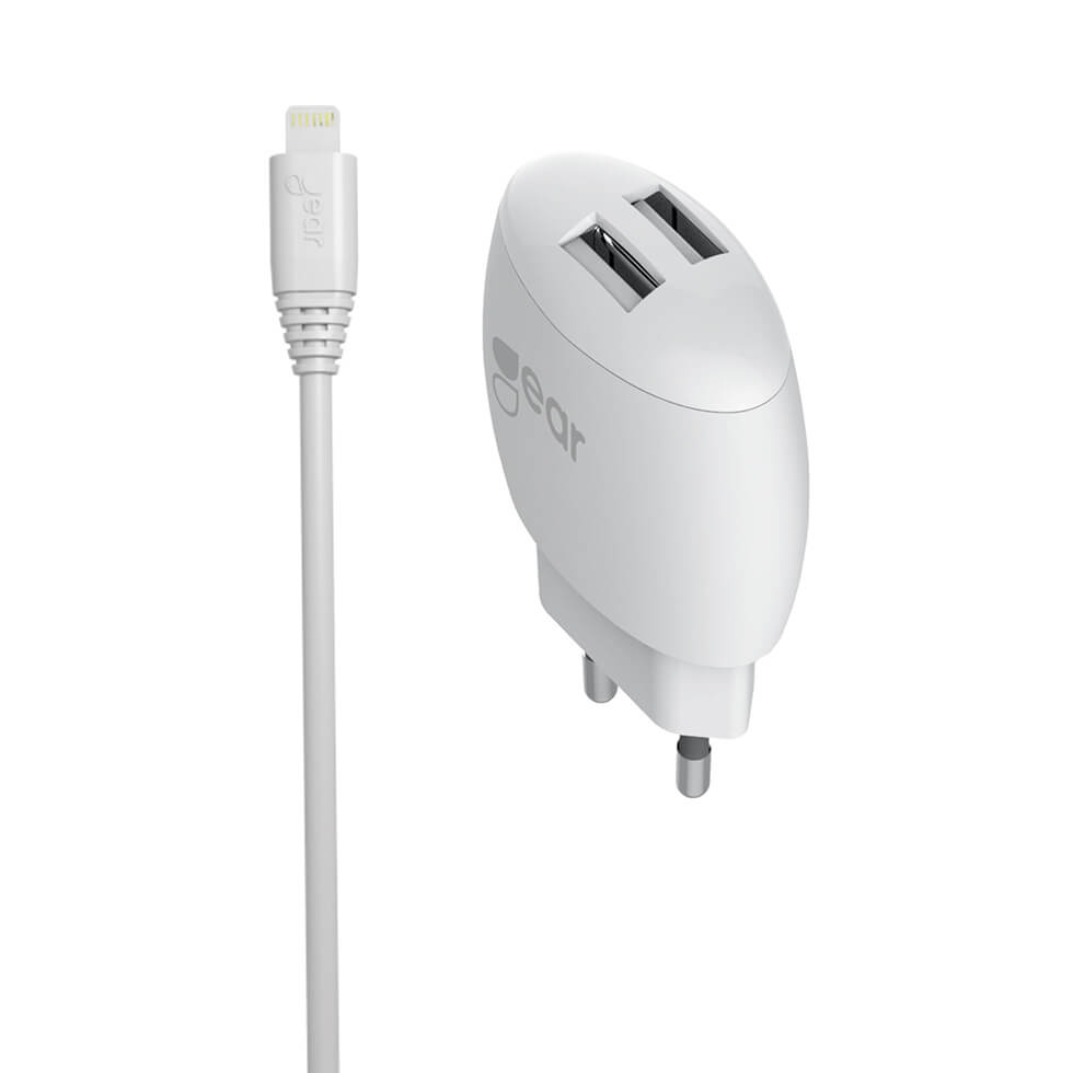GEAR - GEAR Laddare 220V 2xUSB 2,4A Lightning Kabel Rund 1m MFI - Vit
