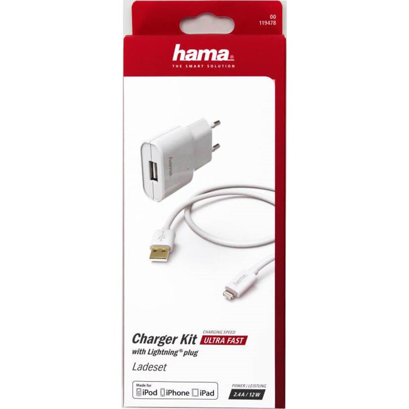 Hama
HAMA Laddare 220V Lightning 2,4A lös kabel MFI - Vit