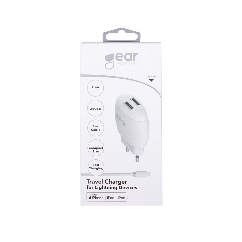 GEAR - GEAR Laddare 220V 2xUSB 2,4A Lightning Kabel Rund 1m MFI - Vit