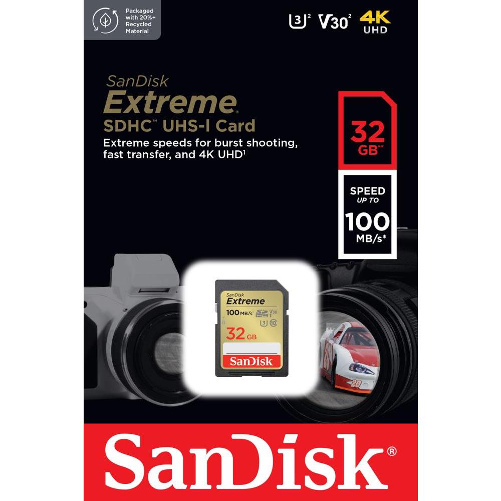 SanDisk Extreme SDHC-minneskort 32GB 100/60MB/s C10 V30 UHS-I U3